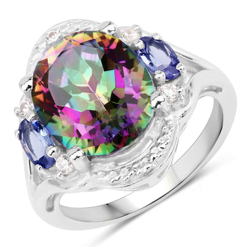 "4.74 Carat Genuine Rainbow Quartz, Tanzanite and White Zircon .925 Sterling Silver Ring"